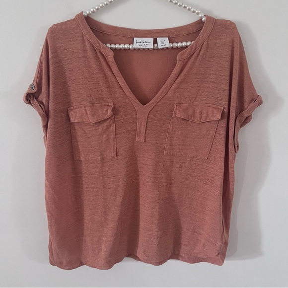 Nicole Miller Linen V-Neck Box Cut Short Sleeve Top | Size Large| - Picture 2 of 7